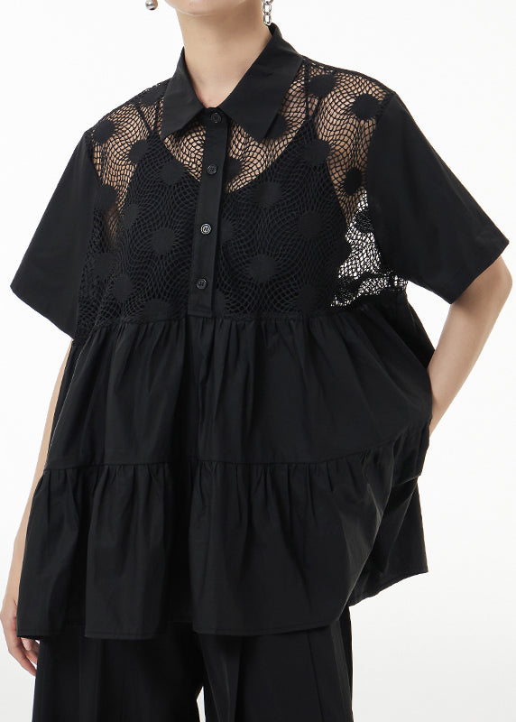 Unique Black Hollow Out Wrinkled Patchwork Cotton Blouses Summer Ada Fashion