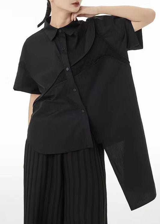 Unique Black Low High Design Cotton Blouses Summer TS1043 - fabuloryshop