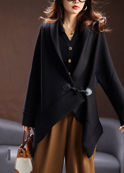 Unique Black Notched Asymmetrical Button Cotton Coats Long Sleeve Ada Fashion