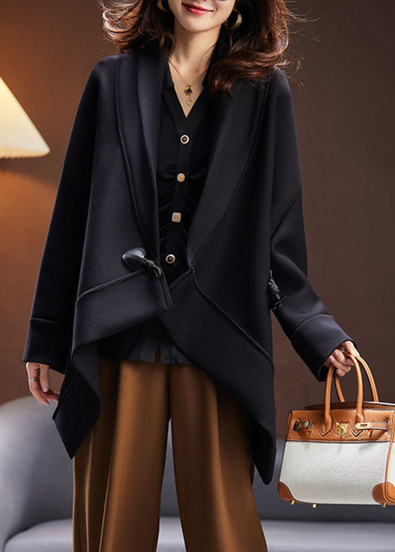 Unique Black Notched Asymmetrical Button Cotton Coats Long Sleeve Ada Fashion