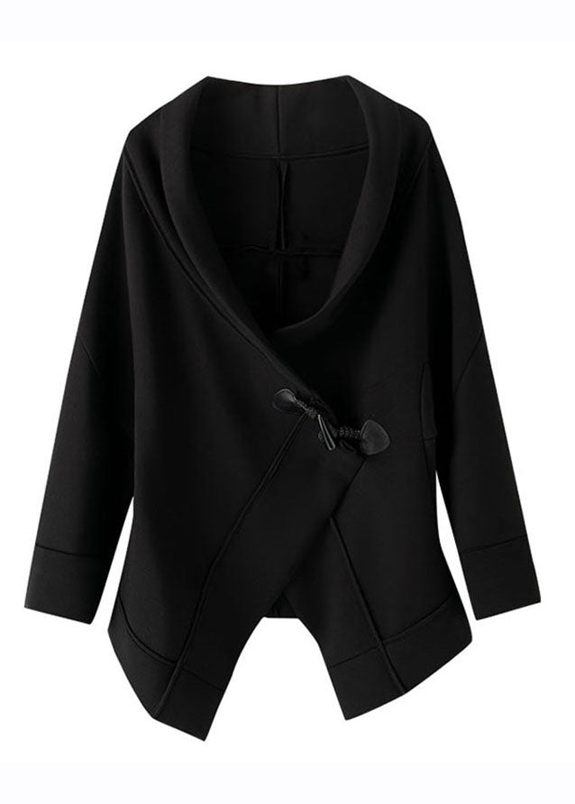 Unique Black Notched Asymmetrical Button Cotton Coats Long Sleeve Ada Fashion