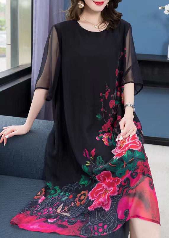 Unique Black O Neck Floral Print Patchwork Chiffon Dresses Summer LY6512 - fabuloryshop