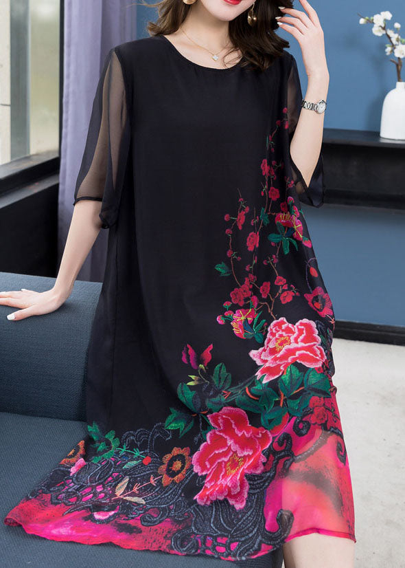 Unique Black O Neck Floral Print Patchwork Chiffon Dresses Summer LY6512 - fabuloryshop