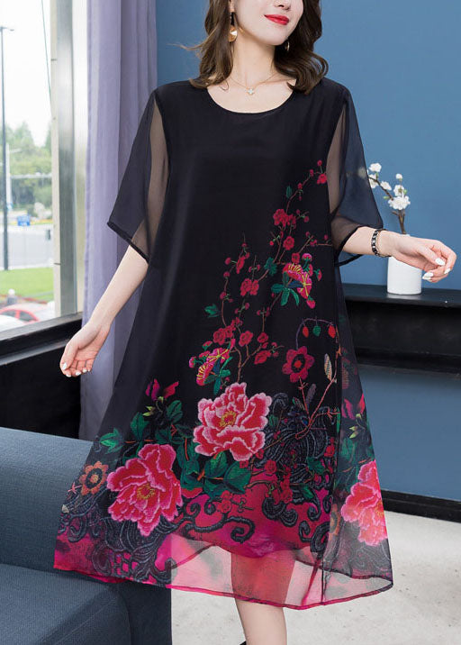 Unique Black O Neck Floral Print Patchwork Chiffon Dresses Summer LY6512 - fabuloryshop