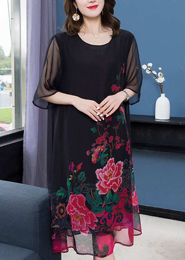 Unique Black O Neck Floral Print Patchwork Chiffon Dresses Summer LY6512 - fabuloryshop