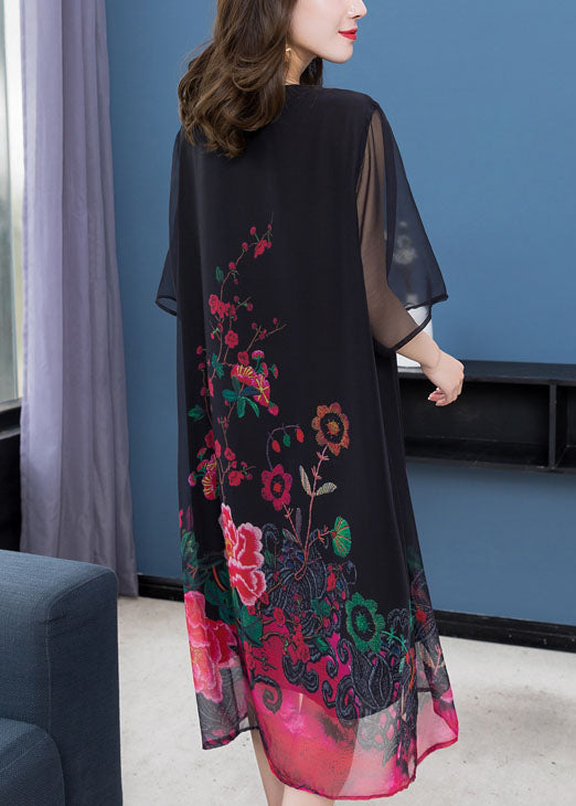 Unique Black O Neck Floral Print Patchwork Chiffon Dresses Summer LY6512 - fabuloryshop