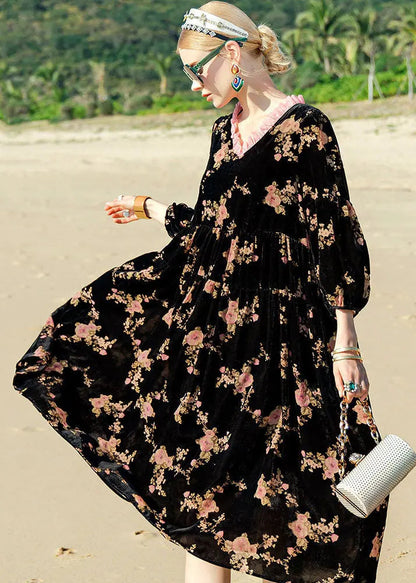 Unique Black O-Neck Print Patchwork Silk Velour Maxi Dress Long Sleeve Ada Fashion