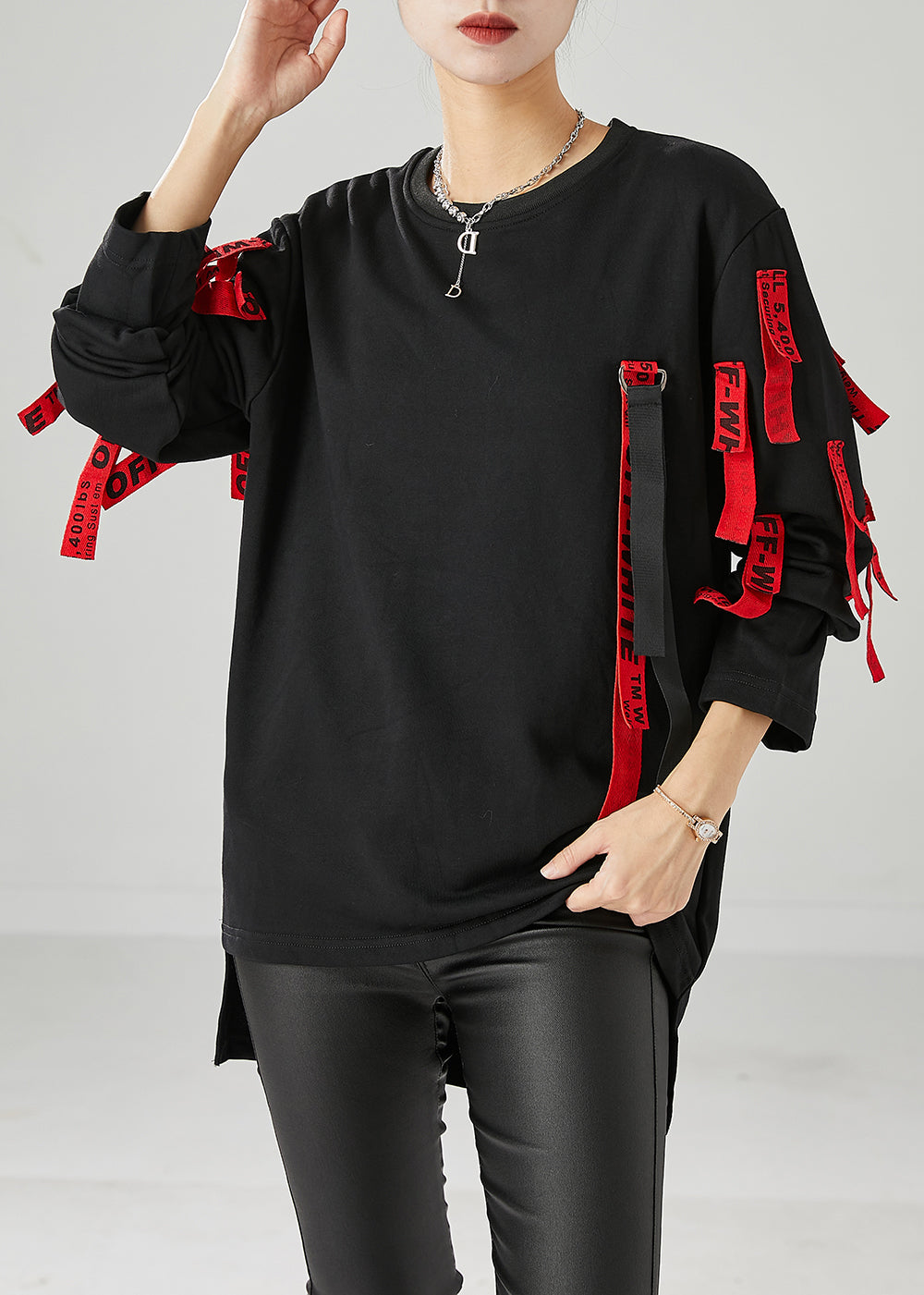 Unique Black Oversized Applique Cotton Pullover Streetwear Fall Ada Fashion