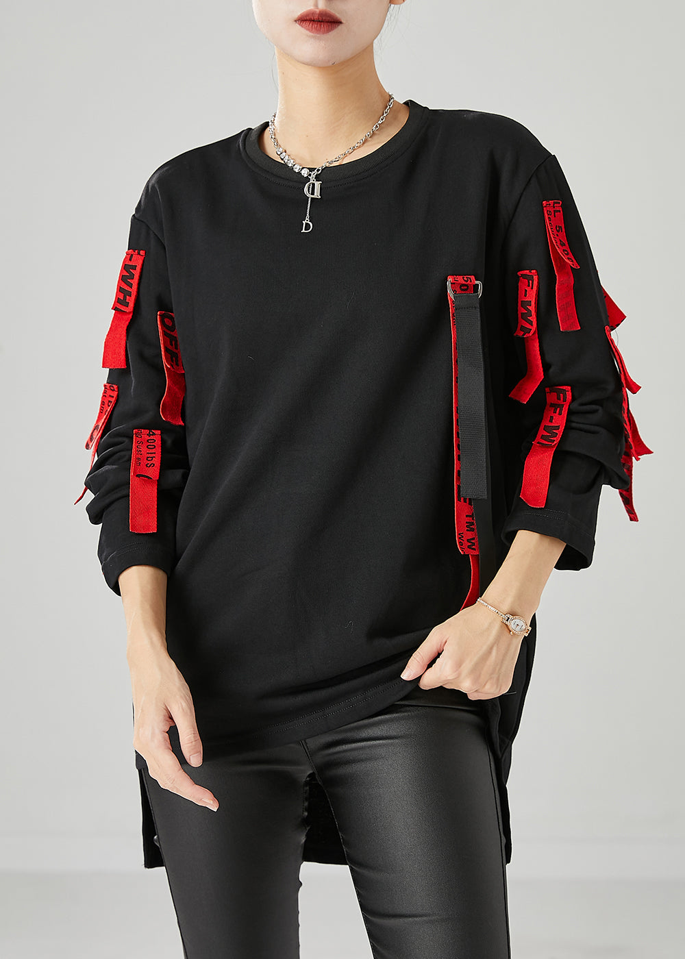 Unique Black Oversized Applique Cotton Pullover Streetwear Fall Ada Fashion