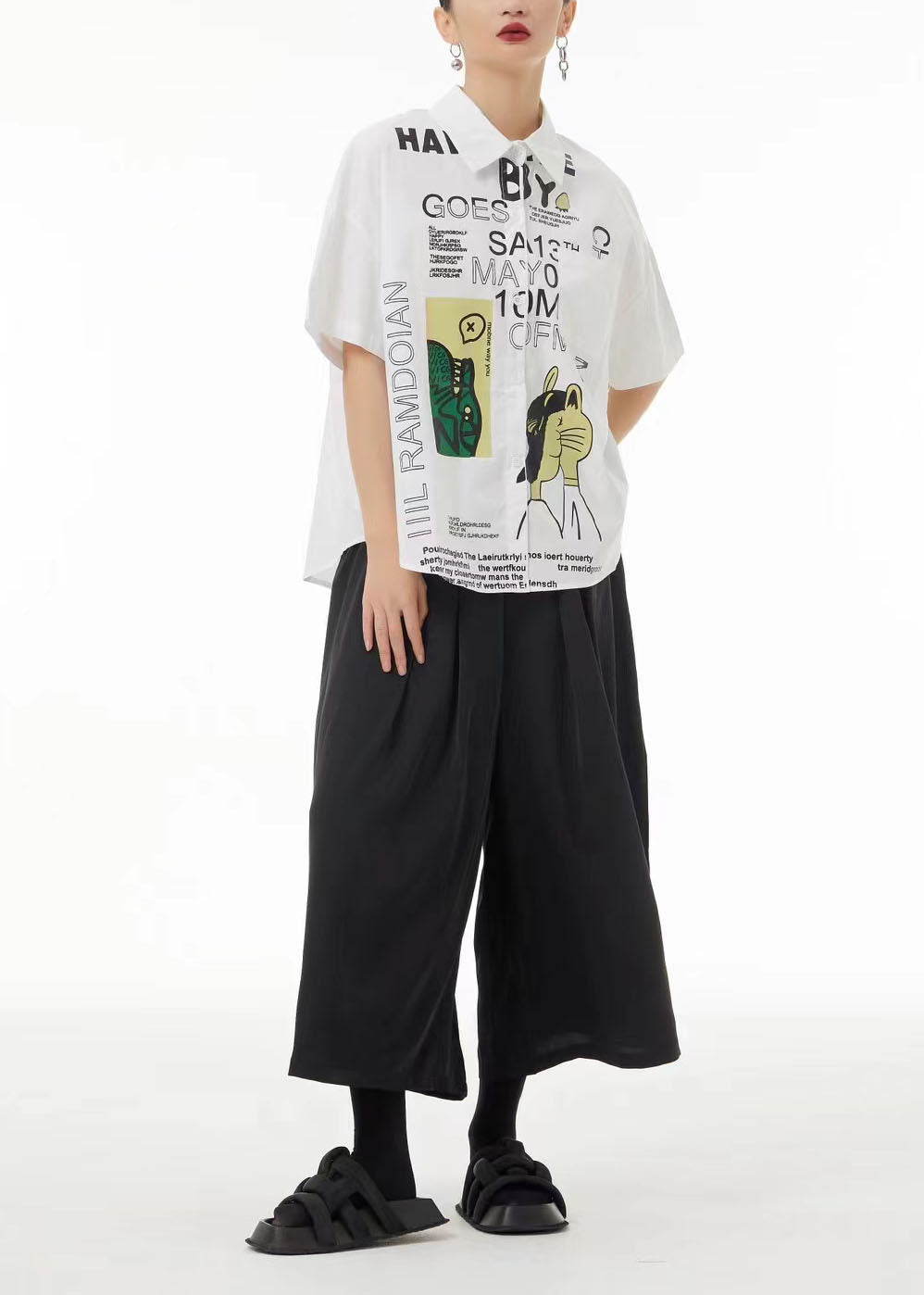 Unique Black Oversized Letter Print Cotton Shirt Summer TS1065 - fabuloryshop