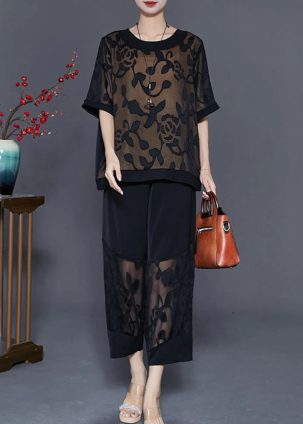 Unique Black Oversized Patchwork Silk Two Pieces Set Summer Ada Fashion
