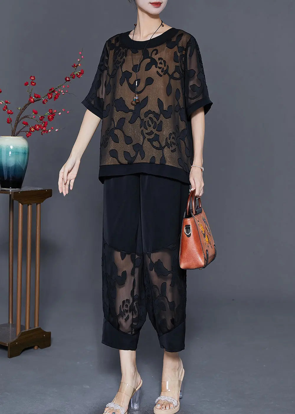 Unique Black Oversized Patchwork Silk Two Pieces Set Summer Ada Fashion
