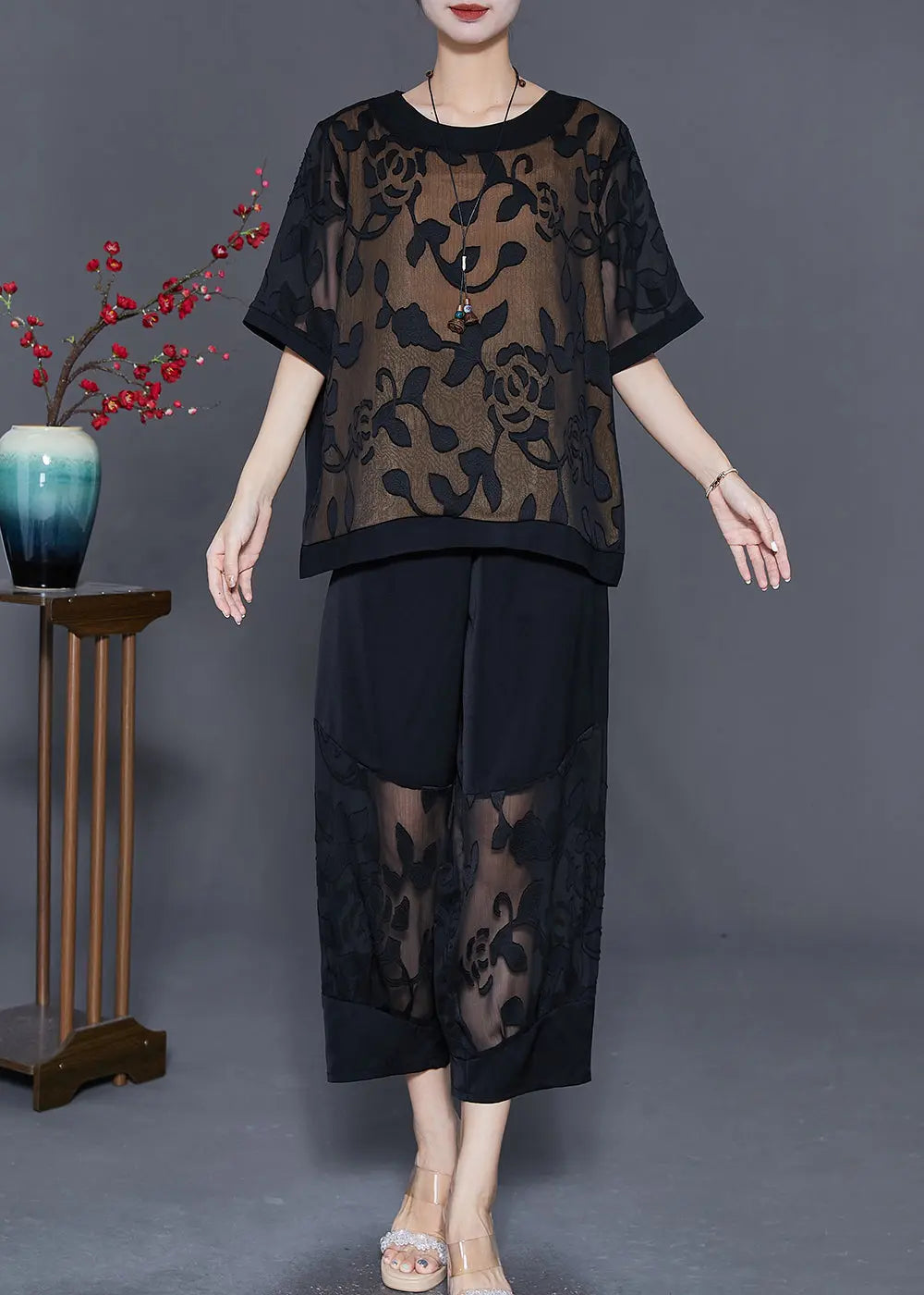 Unique Black Oversized Patchwork Silk Two Pieces Set Summer Ada Fashion