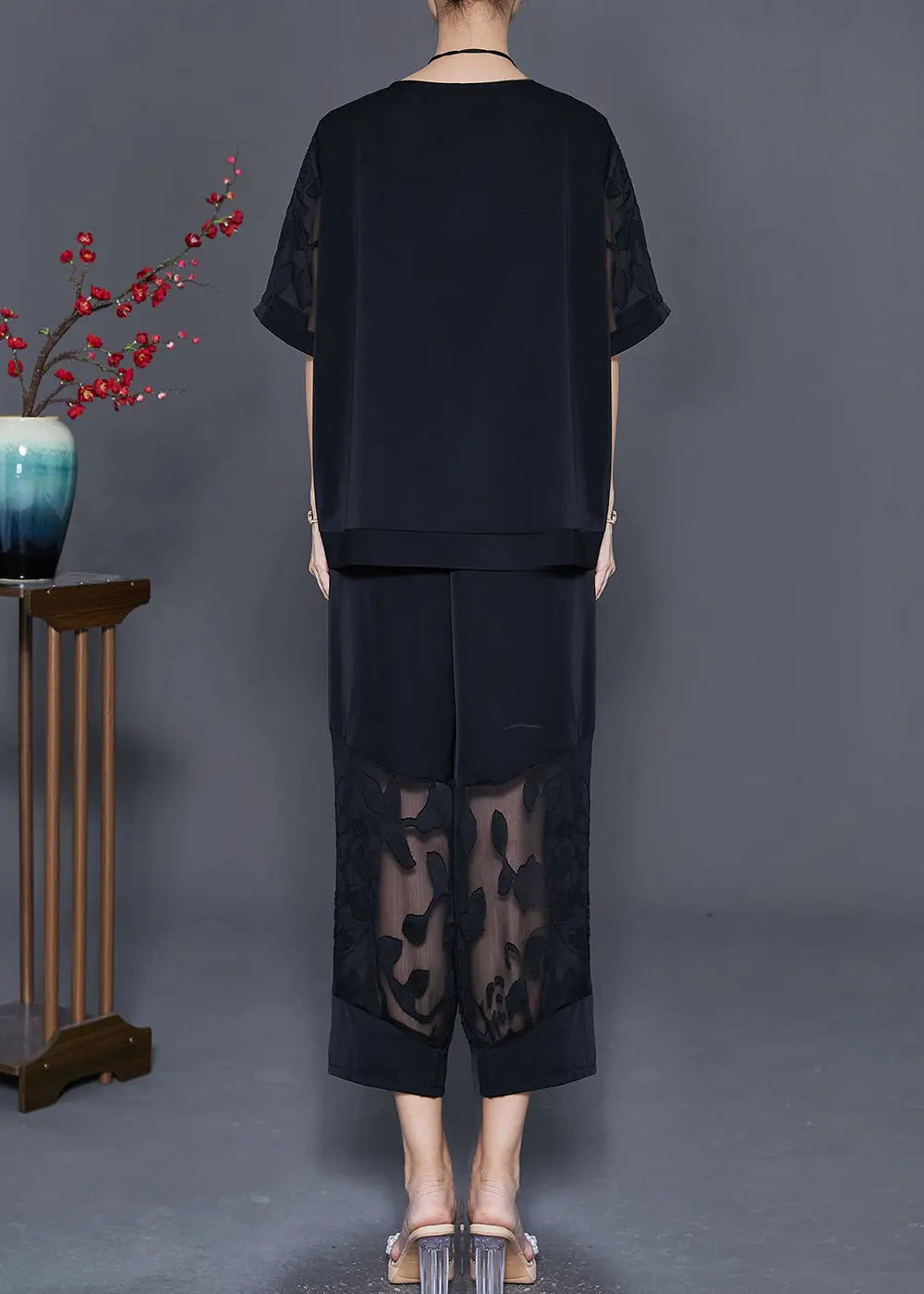 Unique Black Oversized Patchwork Silk Two Pieces Set Summer Ada Fashion