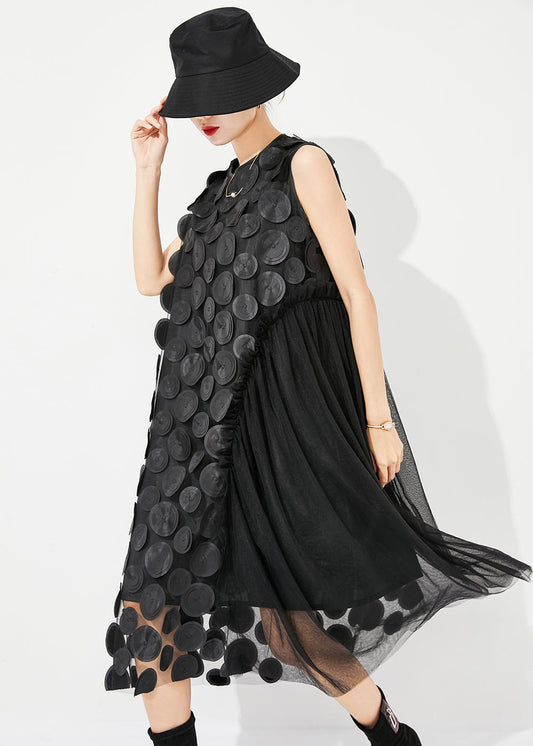 Unique Black Oversized Patchwork Tulle Holiday Dress Sleeveless LY0881 - fabuloryshop
