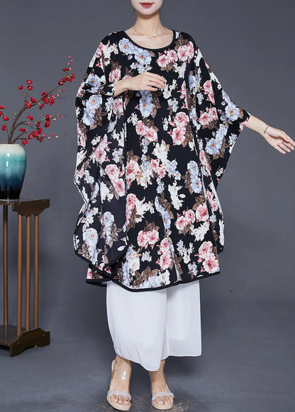 Unique Black Oversized Print Ice Silk Dresses Batwing Sleeve Ada Fashion