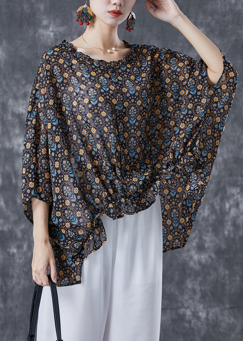 Unique Black Oversized Print Wrinkled Cotton Shirt Batwing Sleeve TA1069 - fabuloryshop