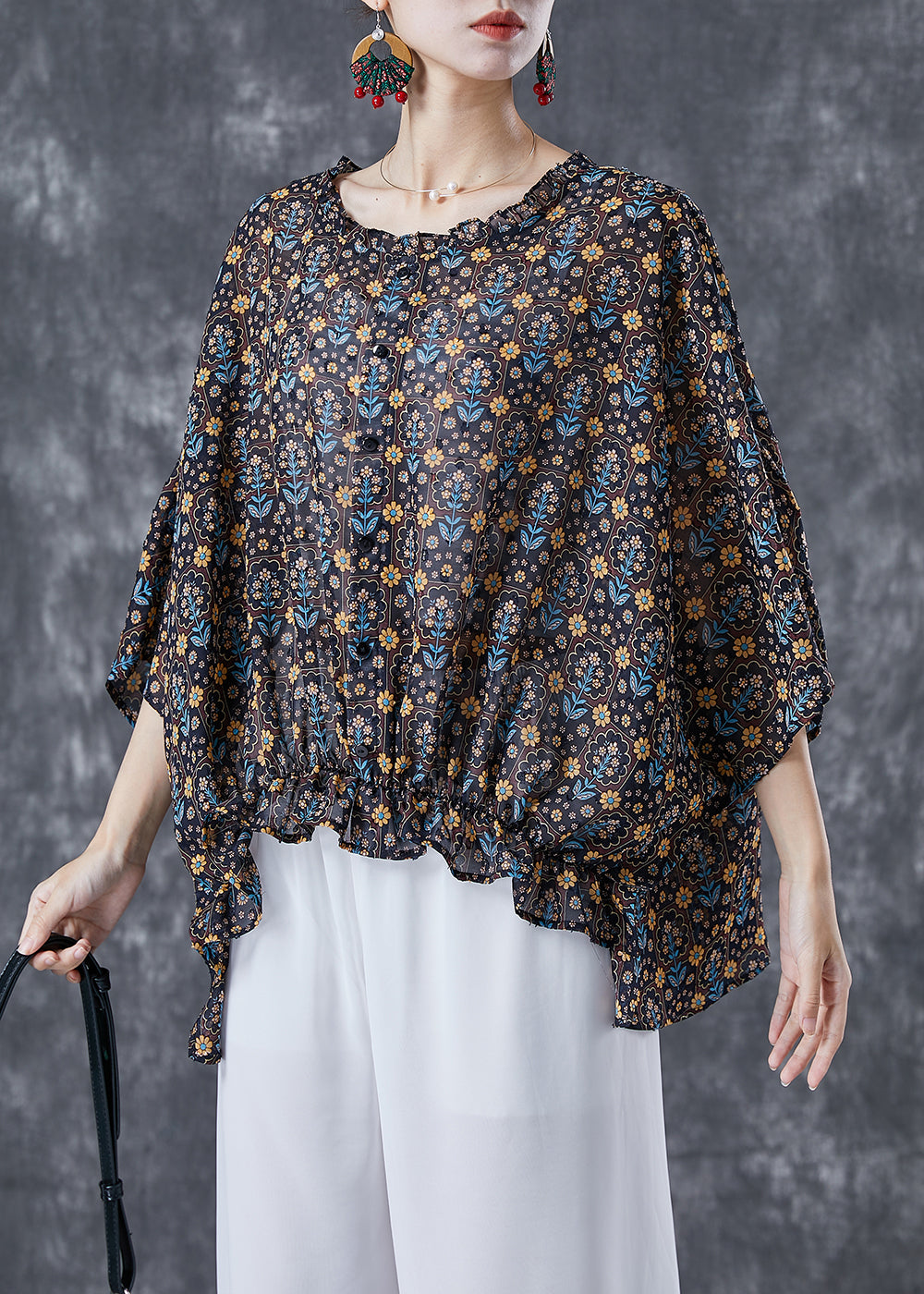 Unique Black Oversized Print Wrinkled Cotton Shirt Batwing Sleeve TA1069 - fabuloryshop