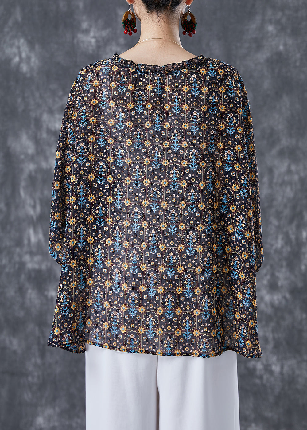 Unique Black Oversized Print Wrinkled Cotton Shirt Batwing Sleeve LY5043 - fabuloryshop