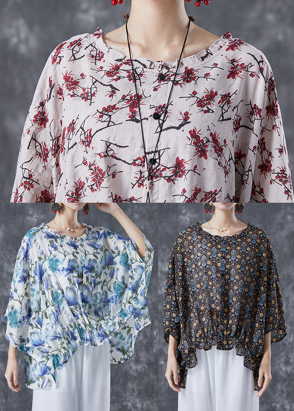 Unique Black Oversized Print Wrinkled Cotton Shirt Batwing Sleeve TA1069 - fabuloryshop