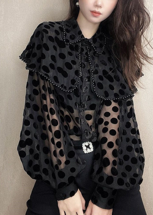 Unique Black Peter Pan Collar Nail Bead Patchwork Velour Blouses Spring LY4633 - fabuloryshop