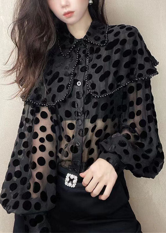 Unique Black Peter Pan Collar Nail Bead Patchwork Velour Blouses Spring LY4633 - fabuloryshop