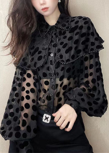 Unique Black Peter Pan Collar Nail Bead Patchwork Velour Blouses Spring LY4633 - fabuloryshop