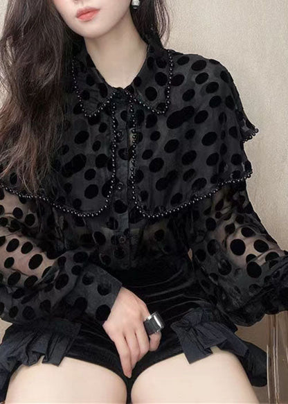 Unique Black Peter Pan Collar Nail Bead Patchwork Velour Blouses Spring LY4633 - fabuloryshop