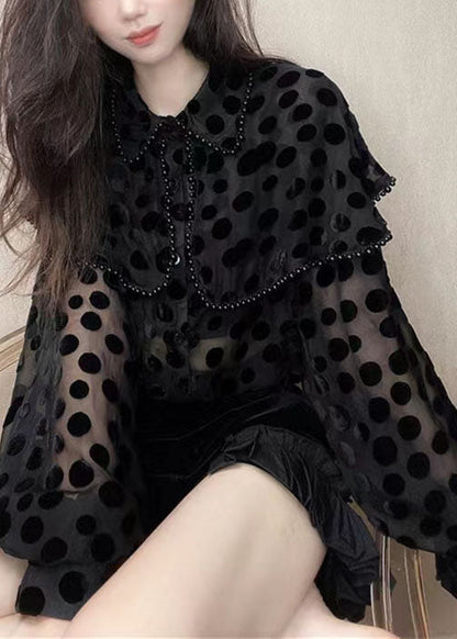 Unique Black Peter Pan Collar Nail Bead Patchwork Velour Blouses Spring LY4633 - fabuloryshop