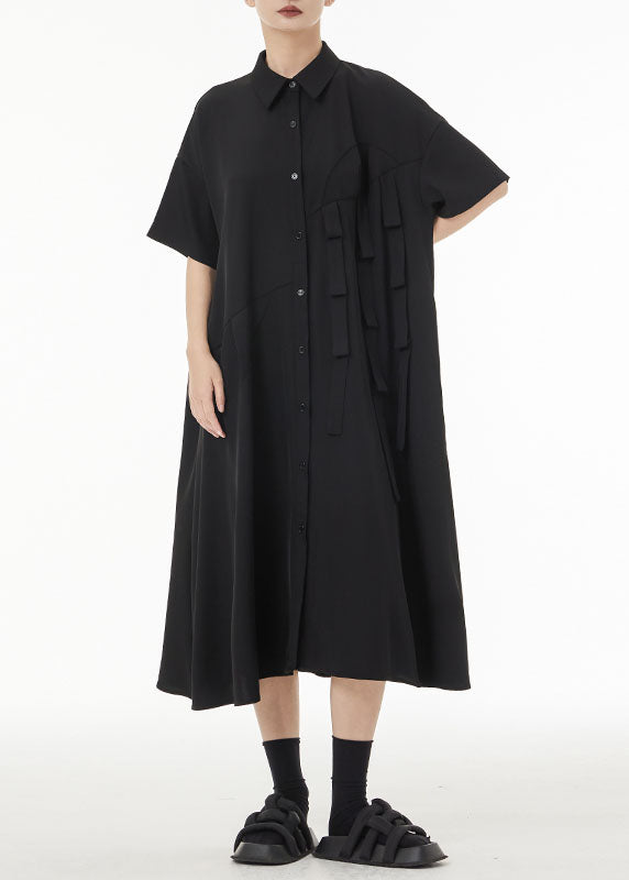 Unique Black Peter Pan Collar Patchwork Button Cotton Long Dress Summer TS1038 - fabuloryshop