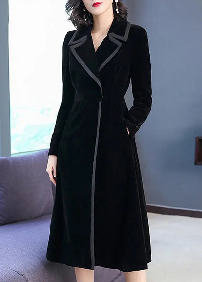 Unique Black Peter Pan Collar Pockets Patchwork Velour Trench Winter Ada Fashion