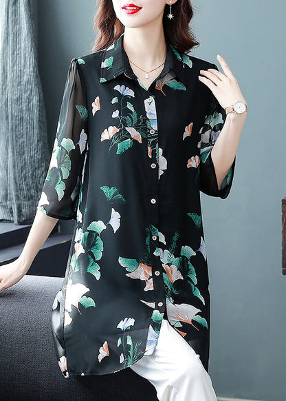 Unique Black Peter Pan Collar Print Patchwork Chiffon Shirts Bracelet Sleeve TF1044 - fabuloryshop