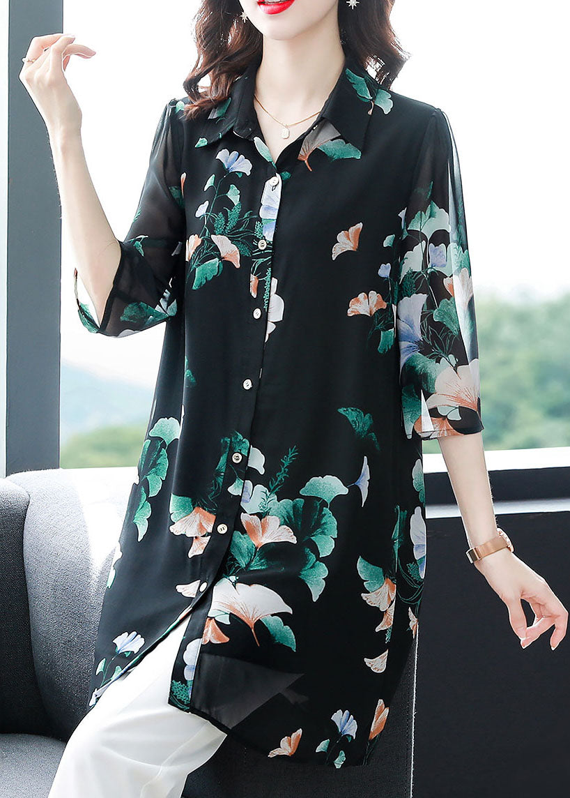 Unique Black Peter Pan Collar Print Patchwork Chiffon Shirts Bracelet Sleeve TF1044 - fabuloryshop