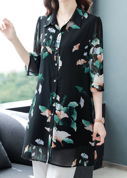 Unique Black Peter Pan Collar Print Patchwork Chiffon Shirts Bracelet Sleeve TF1044 - fabuloryshop