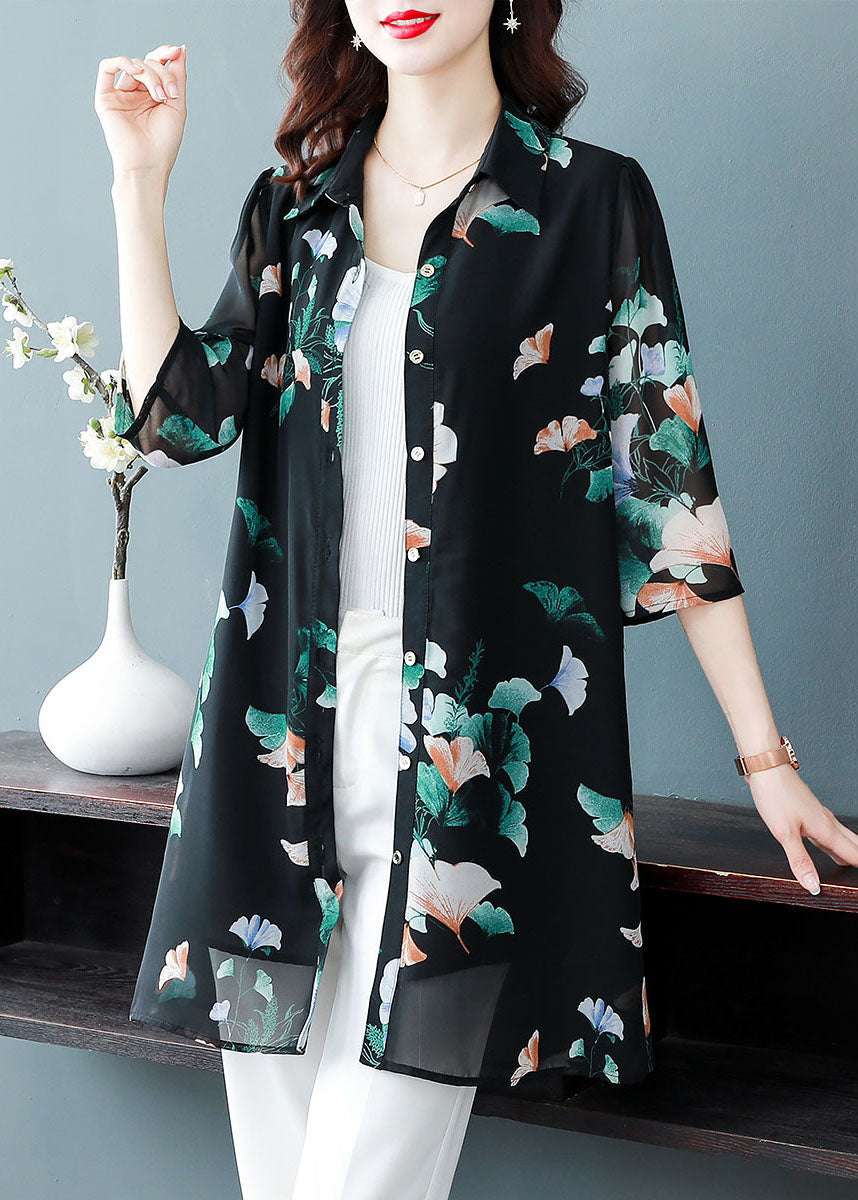 Unique Black Peter Pan Collar Print Patchwork Chiffon Shirts Bracelet Sleeve TF1044 - fabuloryshop