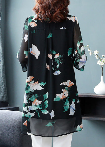 Unique Black Peter Pan Collar Print Patchwork Chiffon Shirts Bracelet Sleeve TF1044 - fabuloryshop