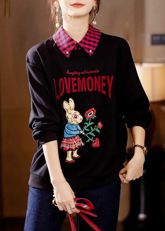 Unique Black Peter Pan Collar Print Patchwork Cotton Sweatshirts Fall Ada Fashion