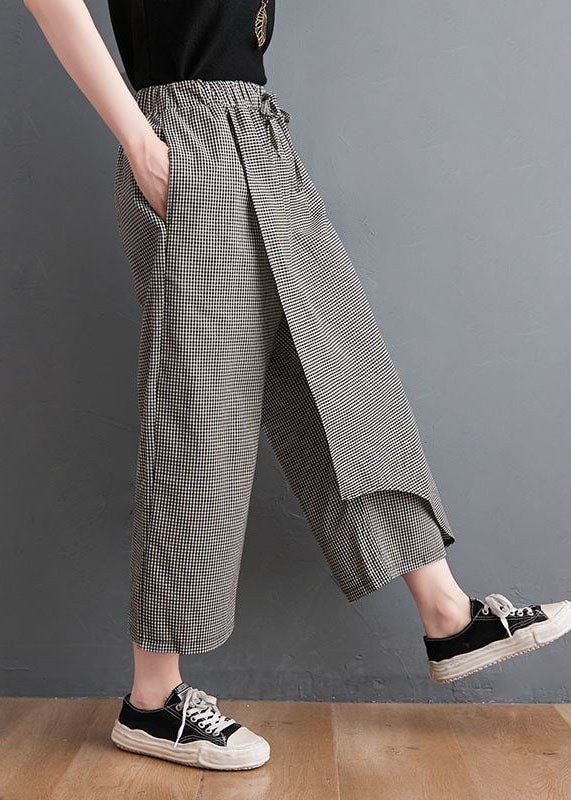 Unique Black Plaid Asymmetrical Design Cotton Crop Pants Summer LY0597