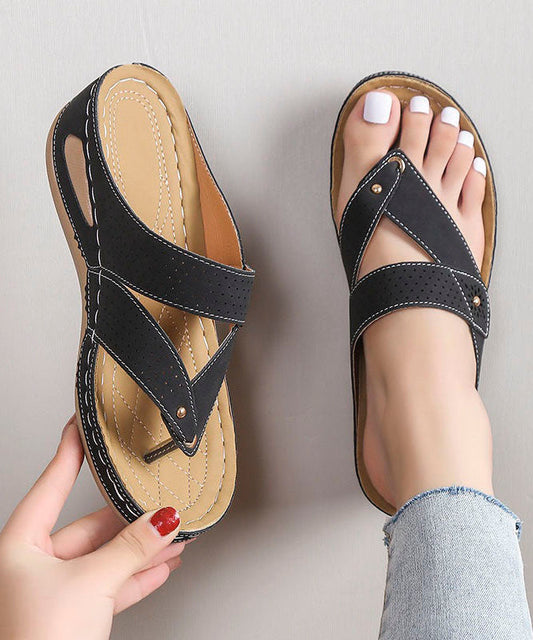 Unique Black Plus Size Splicing Wedge Thong Sandals Faux Leather LY2679