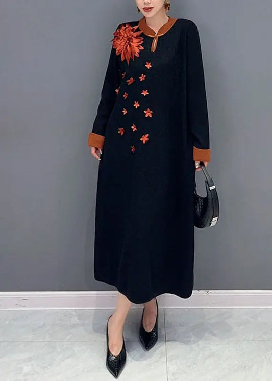 Unique Black Print Long Knit Sweater Dress Long Sleeve Ada Fashion