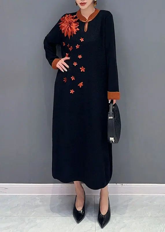 Unique Black Print Long Knit Sweater Dress Long Sleeve Ada Fashion