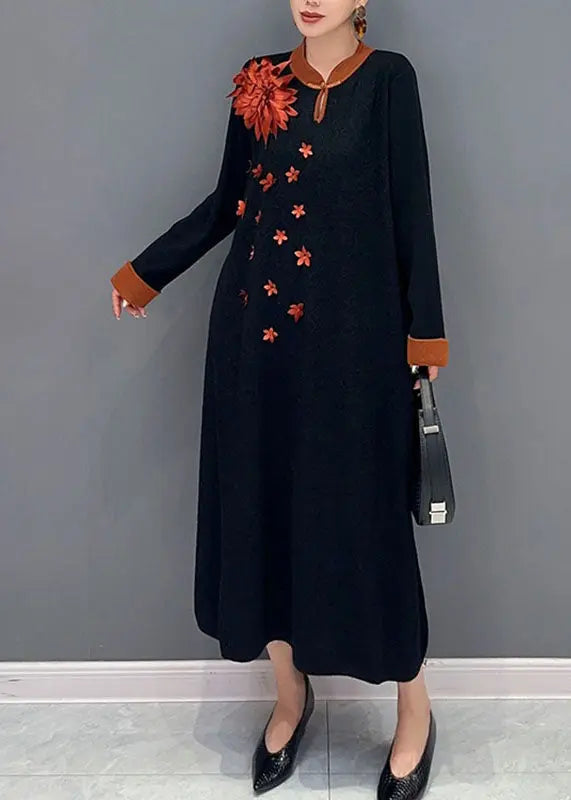 Unique Black Print Long Knit Sweater Dress Long Sleeve Ada Fashion