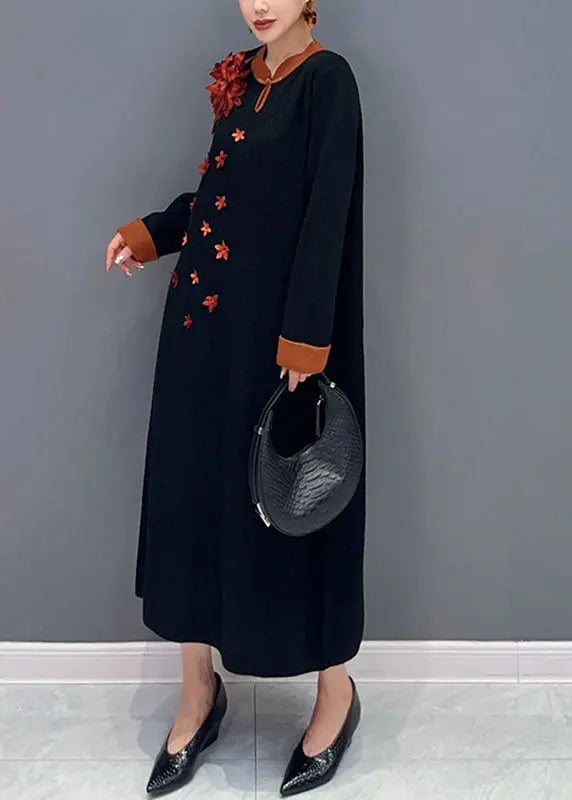 Unique Black Print Long Knit Sweater Dress Long Sleeve Ada Fashion