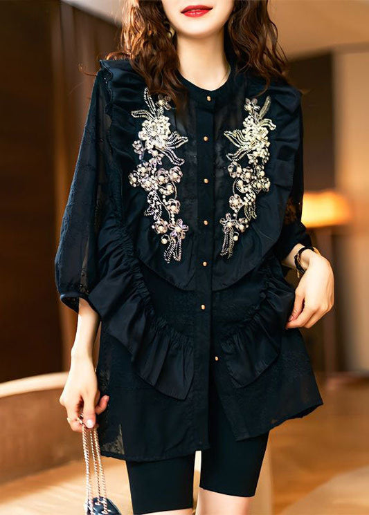 Unique Black Ruffled Nail Bead Patchwork Chiffon Shirts Spring LY3814 - fabuloryshop