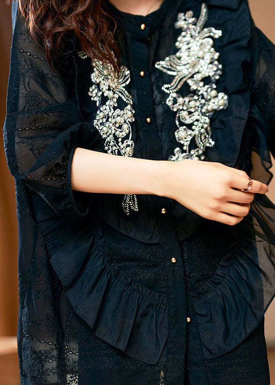 Unique Black Ruffled Nail Bead Patchwork Chiffon Shirts Spring LY3814 - fabuloryshop