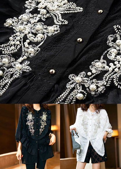 Unique Black Ruffled Nail Bead Patchwork Chiffon Shirts Spring LY3814 - fabuloryshop