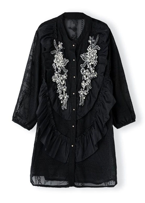 Unique Black Ruffled Nail Bead Patchwork Chiffon Shirts Spring LY3814 - fabuloryshop