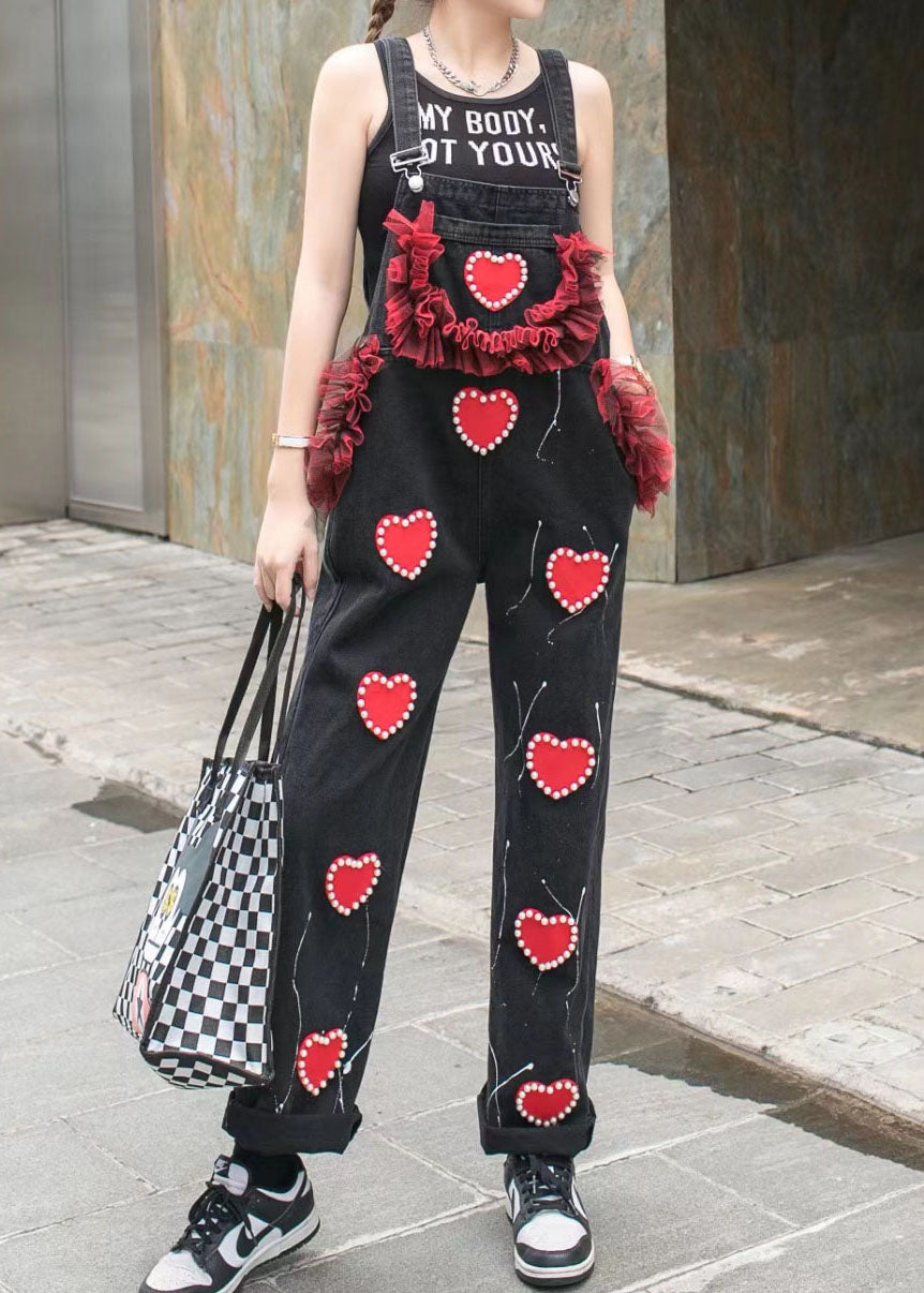 Unique Black Ruffled Nail Bead Patchwork Spaghetti Strap Denim Jumpsuits Summer LY5250 - fabuloryshop