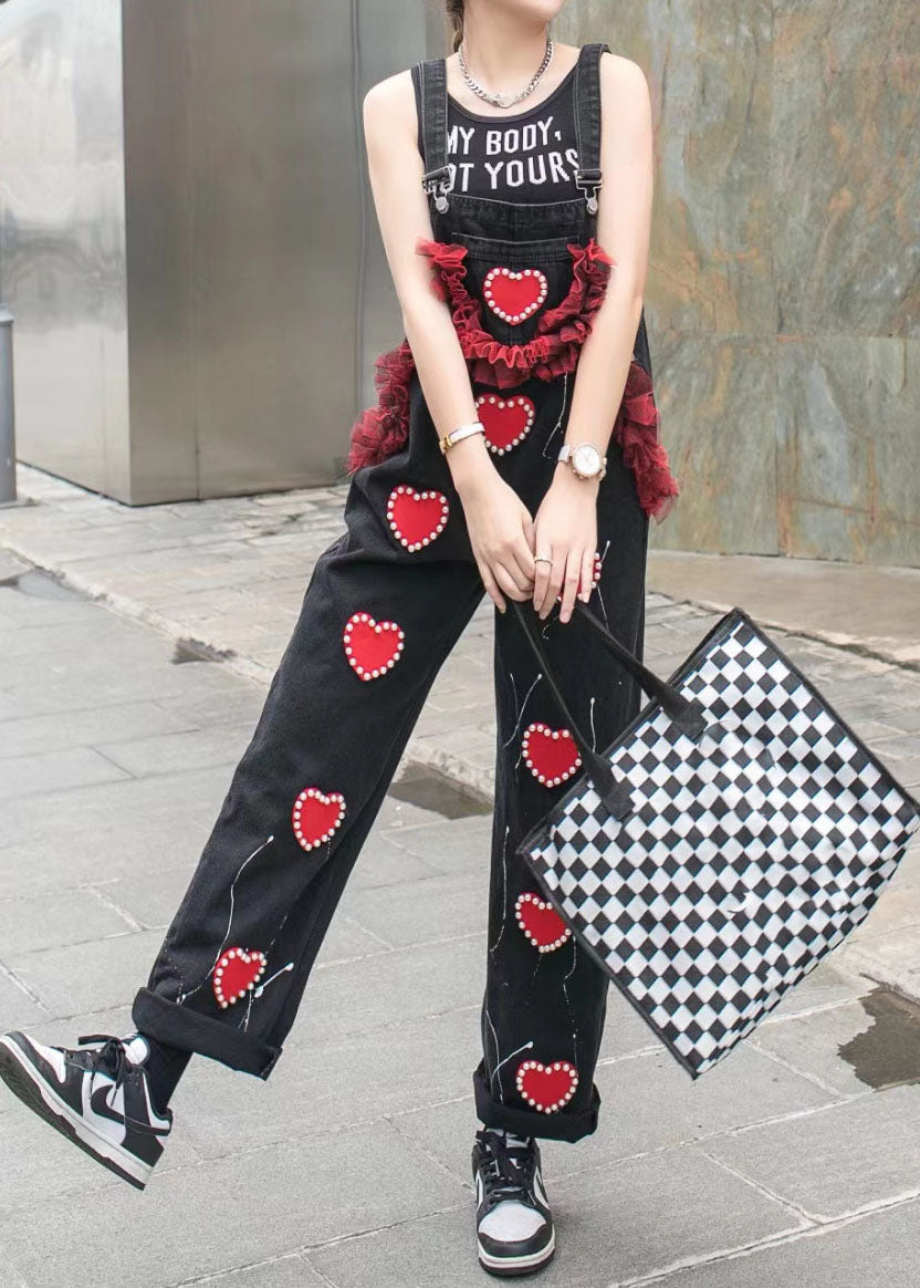 Unique Black Ruffled Nail Bead Patchwork Spaghetti Strap Denim Jumpsuits Summer LY5250 - fabuloryshop