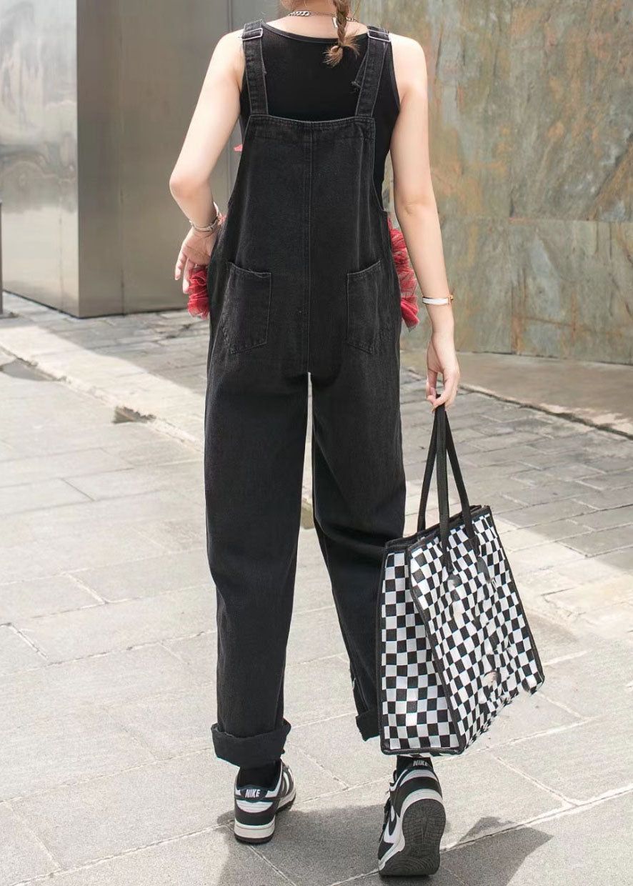 Unique Black Ruffled Nail Bead Patchwork Spaghetti Strap Denim Jumpsuits Summer LY5250 - fabuloryshop